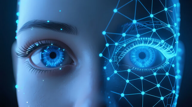 Woman's face merging with blue digital grid