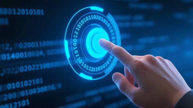 Finger touching blue holographic interface