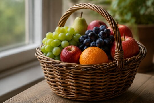 A tightly woven osier basket filled with fresh fruits, natural texture of willow.