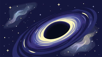 Black Hole Cosmic Phenomenon in Deep Space, Flat Design Vector Illustration of Swirling Accretion Disk and Glowing Stars, Rich Indigo and Pale Yellow Color Palette, Abstract Astronomy Background © Nurulstudio