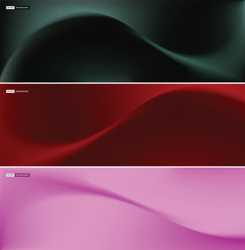 Set of abstract mesh gradient backgrounds featuring smooth elegant waves in dark green, deep red, and soft pink tones.