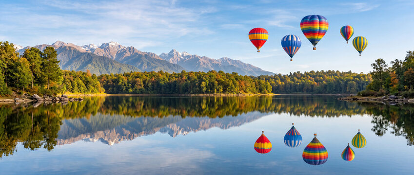 Several hot air balloons levitating above beautiful natural landscape panorama with calm lake, forest and mountain range. AI generated