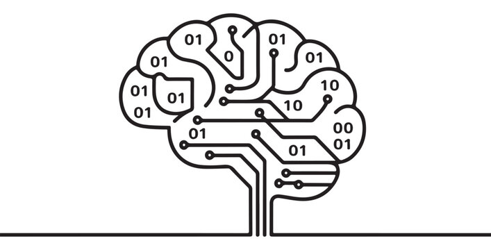 Circuit Brain with Binary Code on White Background