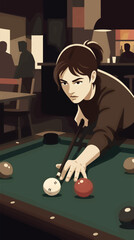 Determined Young Woman Playing Pool in Dimly Lit Bar, Focused Expression, Aiming Cue Stick at White Ball, Green Felt Table with Red and Black Balls, Vintage Flat Vector Illustration Style © Nurulstudio