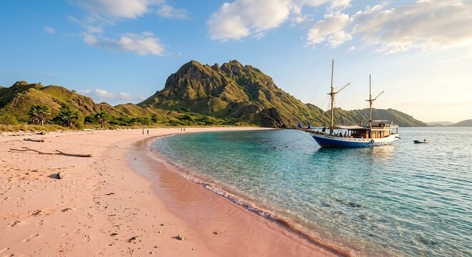 Traditional Phinisi Schooner Anchored at Pink Sand Beach with Rocky Hills, Komodo Indonesia