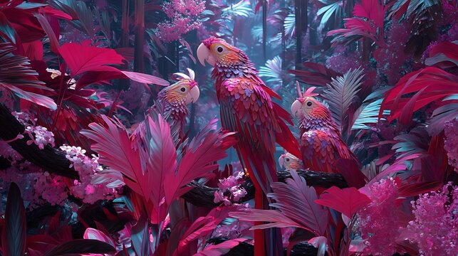 Two red parrots perched on a branch with green leaves in a natural setting macaw