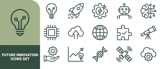 Fototapeta premium Set of 15 outline technology and future innovation symbols including light bulb, rocket, robot, microchip, and satellite