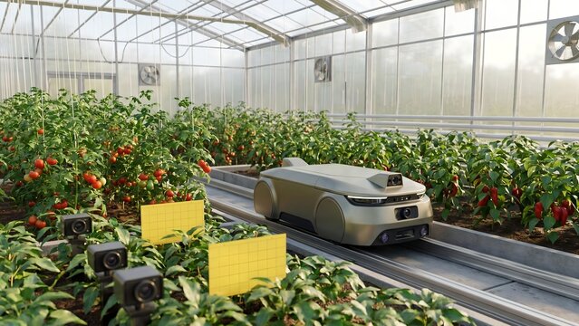 Autonomous agricultural robot on rails inspecting tomato and pepper plants in a bright greenhouse with cameras and yellow pest traps as a smart farming automation concept