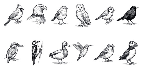 Fototapeta premium Diverse collection of hand-drawn bird illustrations, showcasing various species in a classic sketch style on a clean white background