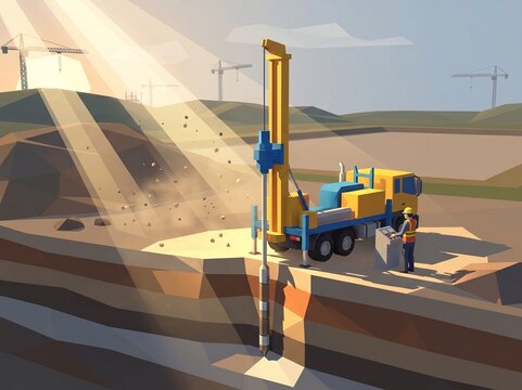 Low poly 3D illustration of Cone Penetration Test (CPT) truck analyzing soil layers with volumetric lighting and copy space