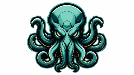 Stylized illustration of a menacing green octopus with glowing yellow eyes. © greenscreen