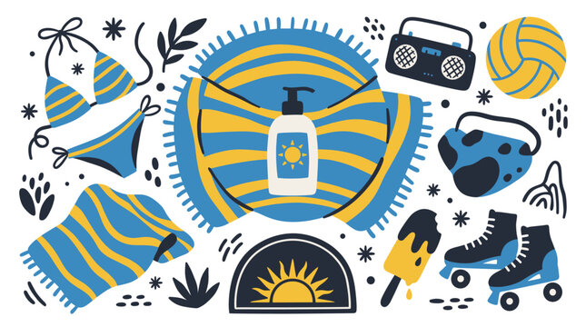 Summer and beach vector icons with bikini, volleyball and sunscreen for marketing design in colorful illustration