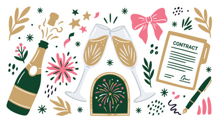 Fototapeta premium Celebration and contract vector icons with champagne bottle, glasses and contract for party invitation design in colorful illustration