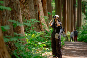 Fototapeta premium Earth Day concept on sustainability environmental renewable forest hiker binocular trail tree fern nature woman hiking woodland, hiker using binocular forest trail among tall tree trunk and green