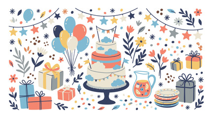 Naklejka premium Party and celebration design icons with balloon, cake and gift boxes for event marketing in colorful illustration