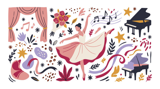 Performing arts and music concept icons with ballerina, bouquet and piano for presentation design in colorful illustration
