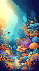 Clownfish Swimming in Vibrant Coral Reef Underwater Scene, Colorful Sea Anemone and Tropical Fish in Deep Ocean, Sunlight Rays Filtering Through Clear Water, Flat Vector Illustration Style © Hendrastudio
