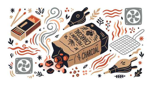 Barbecue and grilling concept icons with charcoal, matches and bellows for marketing design in hand drawn illustration