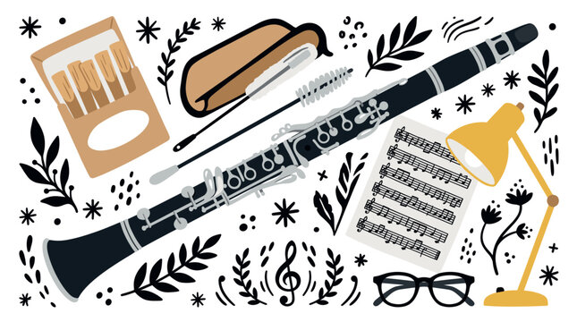 Music and practice concept icons with clarinet, sheet music and lamp for presentation design in minimal vector illustration
