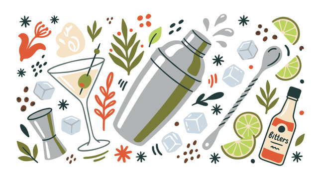 Cocktail and bartending concept icons with shaker, glass and bitters bottle for infographic design in colorful vector art