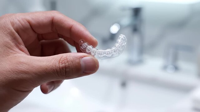 Close up shot of a person holding clear dental aligners in a bright bathroom setting. The transparent tray for teeth straightening is displayed carefully in fingers, representing oral hygiene.