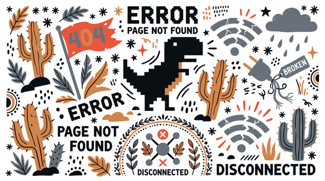 error and disconnected concept icons with pixel dinosaur, broken plug and wifi signal for web design in minimal doodle style
