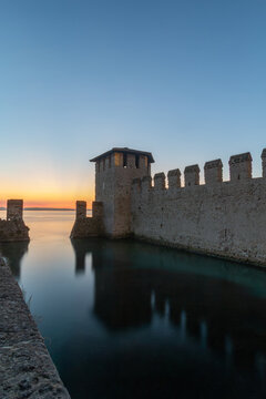 Morning View of Scaliger Castle Walls in Sirmione, Lake Garda, Italy