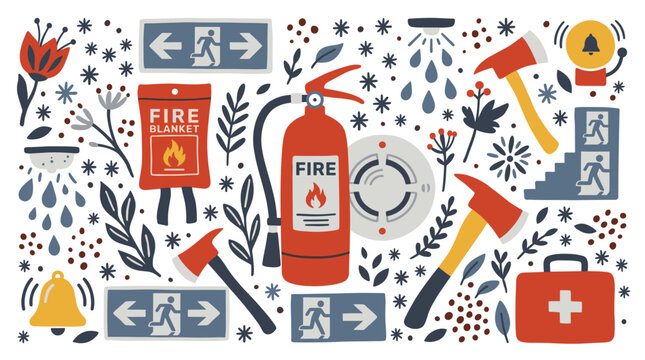 Fire safety and emergency vector icons with extinguisher, axe and exit sign for presentation design in minimal illustration