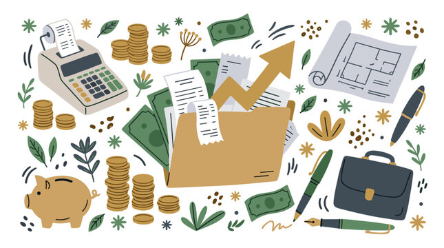 Finance and business UI elements with calculator, coins and folder for web dashboard in colorful illustration