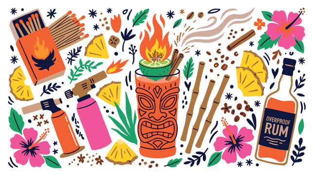 tiki and tropical vector icons with burning tiki cup, hibiscus and rum bottle for branding design in colorful vector art
