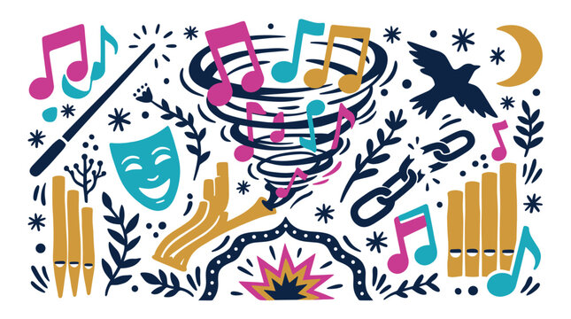 music and sound concept icons with notes, instrument and conductor baton for presentation design in colorful illustration
