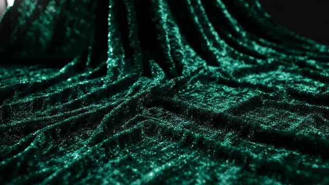Deep emerald green velvet fabric texture, elegant luxury material with soft folds and dramatic spotlight illumination for fashion background design.