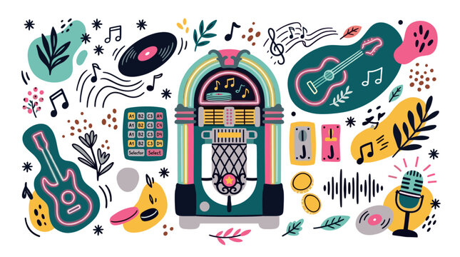 Music and retro UI elements with jukebox, vinyl record and microphone for marketing design style