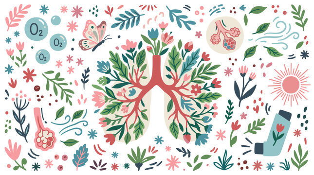 respiratory health and nature concept icons with lungs, oxygen bubbles and inhaler for presentation design in soft illustration style
