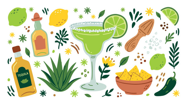 Mexican food and drink vector icons with tequila bottle, lime, and nachos for restaurant menu design in colorful illustration