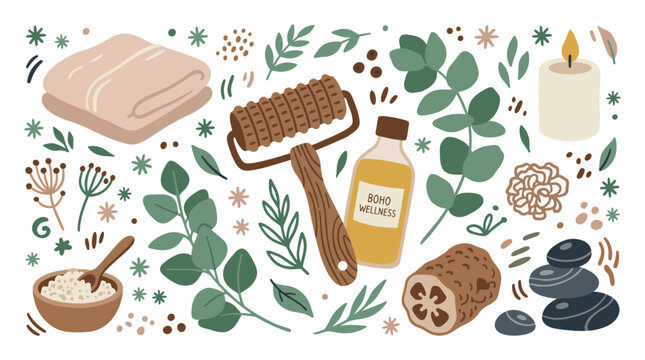 Relaxation and wellness vector icons with massage roller, oil bottle and stones for branding design in boho illustration