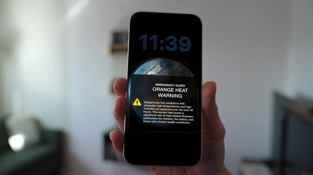 Scorching temperatures pose a serious health risk. This clip visualizes an orange heat warning broadcast, representing dangerous summer heatwaves, climate change, and public safety advisories.