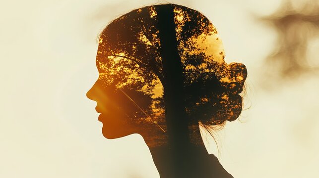Silhouette of a woman's profile overlaid with a vibrant forest scene, symbolizing nature, introspection, and the interconnectedness of mind and environment.