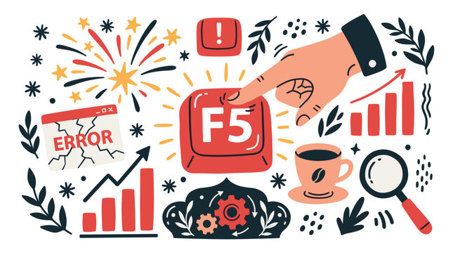 error and refresh vector icons with finger press, charts and magnifier for web design in doodle style