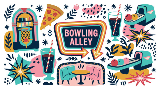 Recreation and entertainment vector icons with jukebox, pizza slice and bowling balls for mobile app design in colorful illustration
