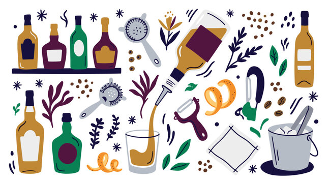 Alcohol and bartending vector icons with bottles, glass, peeler for mobile app design in colorful illustration