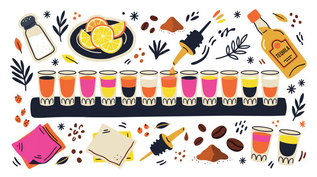 drinks and cocktail vector icons with tequila, shot glass and lemon slices for infographic design in colorful style