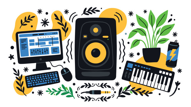 music and technology design icons with speaker, keyboard and computer for web dashboard in colorful illustration
