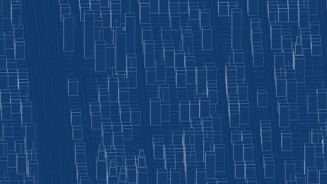 isometric wireframe city on a blue background, rotating loopable blueprint animation, modern urban planning and architectural design concepts