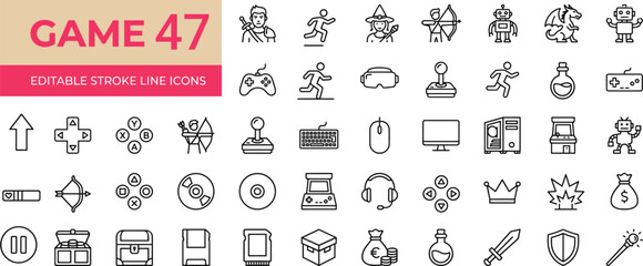 Gaming icon set including joystick virtual reality headset computer fantasy characters and interface elements. © Aposh003