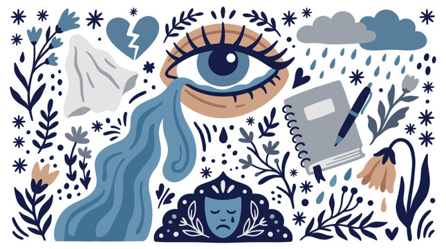 Emotions and mental health vector icons with crying eye, broken heart and notebook for infographic illustration style
