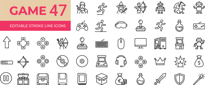 Gaming icon set including joystick virtual reality headset computer fantasy characters and interface elements.