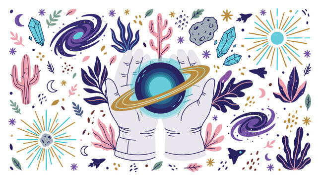 space and cosmic vector icons with galaxy, planet and asteroids for mobile app design in colorful illustration