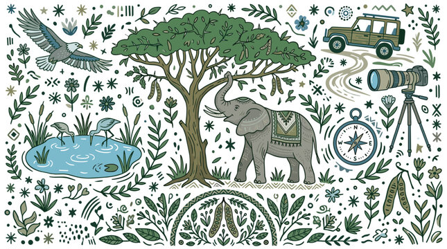 wildlife and safari design icons with elephant, tree and camera for branding design in detailed hand drawn style