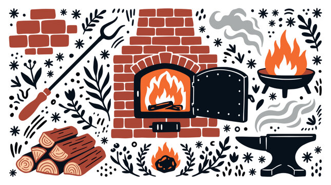 Fireplace and blacksmithing vector icons with firewood, anvil and poker for craft workshop branding design illustration